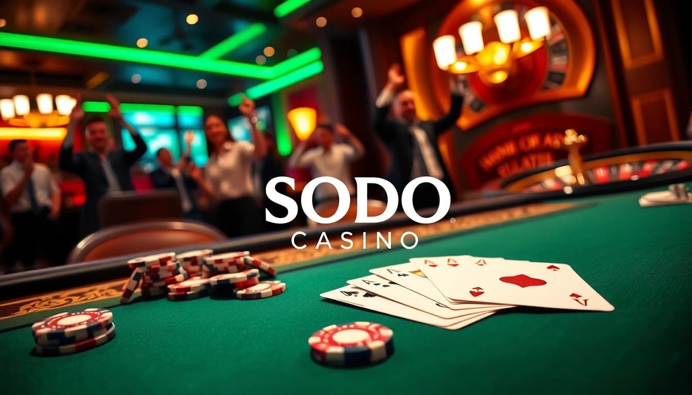 SODO CASINO energizes players at a high-stakes poker table with vibrant chips and cards.