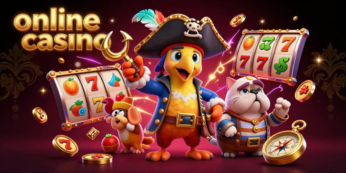 Engage with the online casino through an exciting scene featuring a pirate captain parrot and vibrant slot elements.