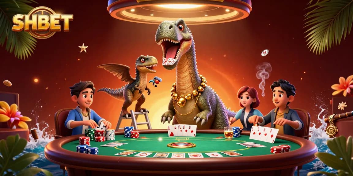 Experience thrilling SHBET action with a giant dinosaur and a raptor dealing cards in a packed casino.