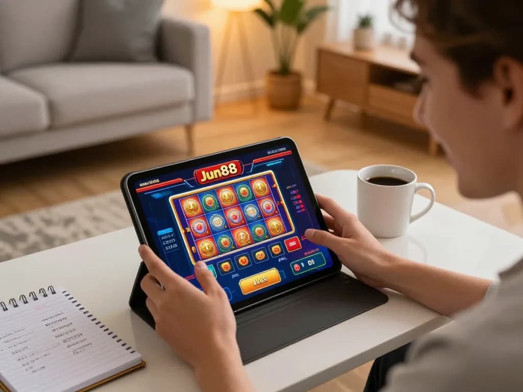 Player enjoying jun88 online slots on tablet in cozy home setting, demonstrating engaging gameplay