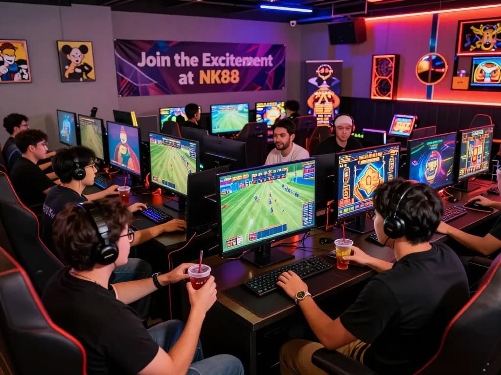 Join the NK88 gaming community: players enjoying vibrant slots and sports betting in a lively gaming lounge.