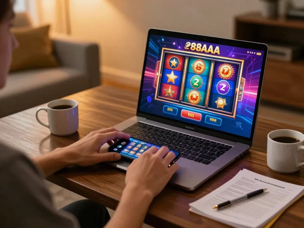 Engaging with online casino games at 88aa trang chủ in a cozy home setting with laptop and smartphone.