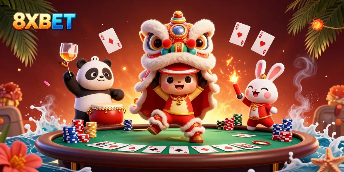 Engage in exciting poker games with 8XBET as cartoon characters perform a lively lion dance.