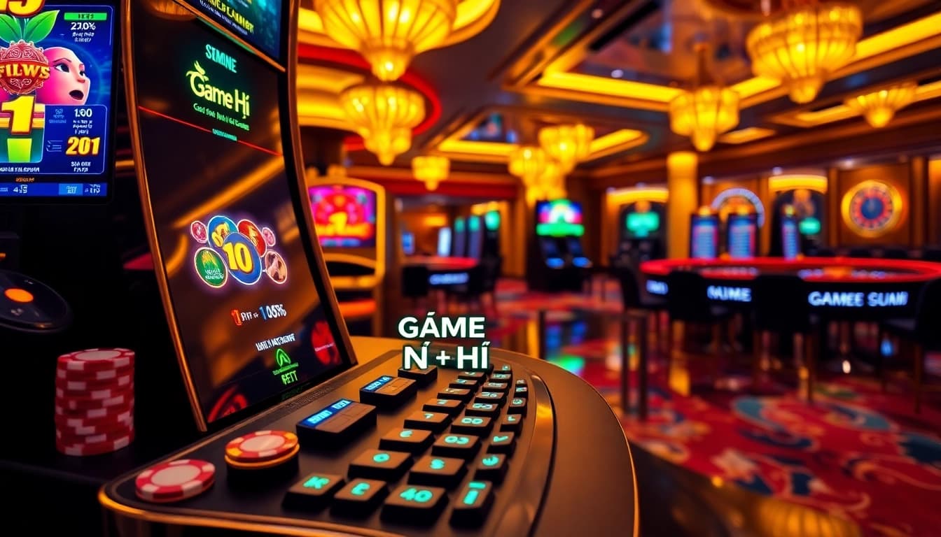 Spinning reels of game nổ hũ slot machine with vibrant symbols and rising jackpot display in a casino setting