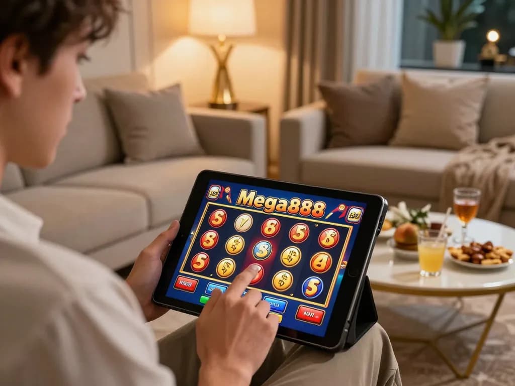 Engaged player enjoying MEGA888 online slot game on a tablet in stylish home setting