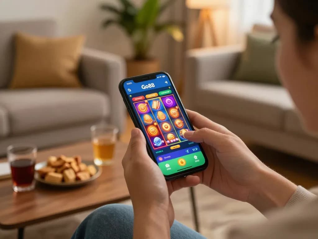 Play tai go88 on a smartphone showcasing vibrant slot games in a cozy home setting.