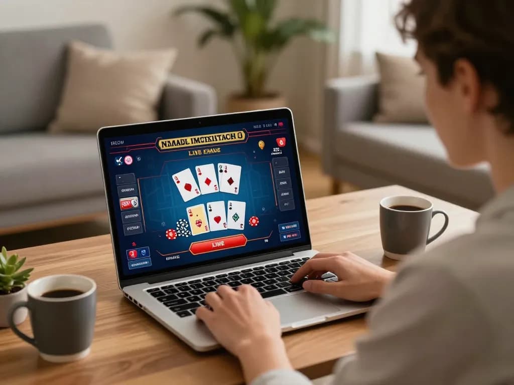 Player engaging in a live dealer game on F8BET from a cozy home setup, showcasing strategy and immersive casino action.