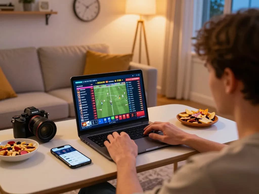 Taruhan pada acara langsung dengan sada-ar, menampilkan seseorang yang terlibat dalam taruhan olahraga di laptopnya di rumah.
