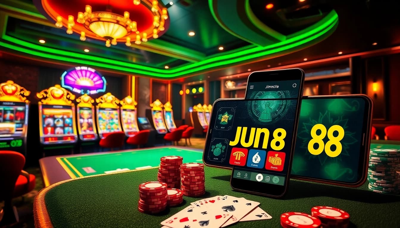 Experience the excitement of online gaming at Jun 88 with vibrant slot machines and elegant casino tables.