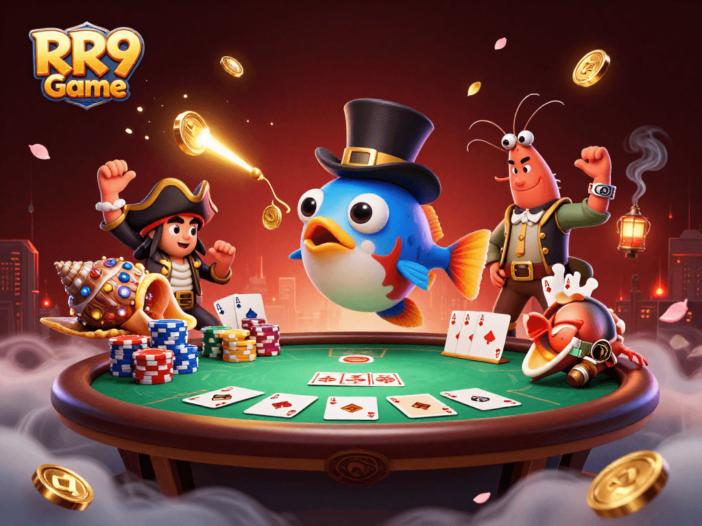 Engage with the RR9 Game as the anglerfish and friends attract coins at a lively poker scene.
