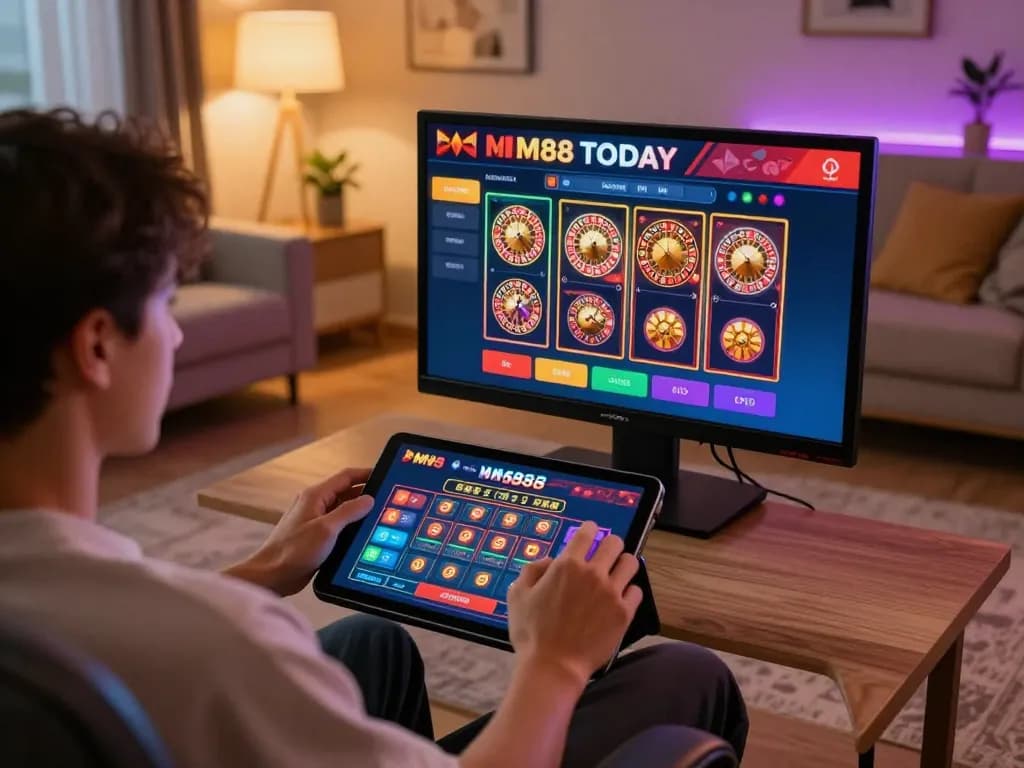 Engaging gameplay on MM88 TODAY as a player studies the tablet's colorful casino interface.