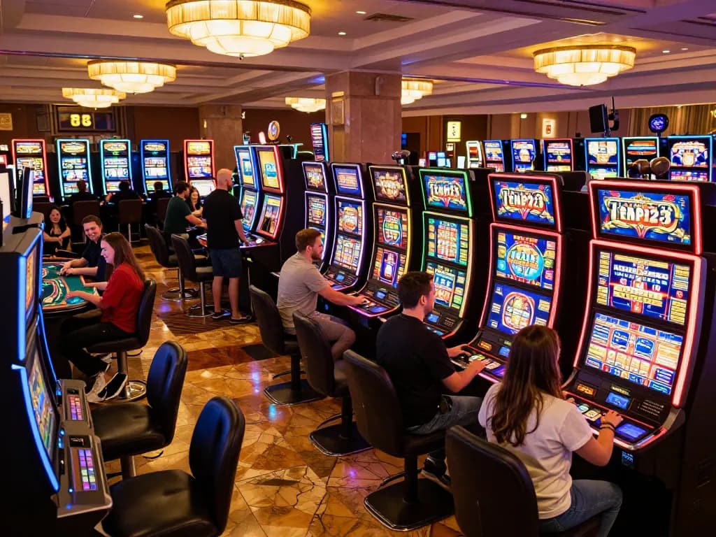 Pemain merayakan kemenangan di mesin Slot Tempo123 yang populer di suasana kasino yang ramai.
