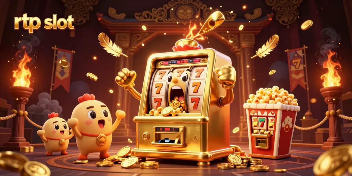 Experience thrilling wins with rtp slot as a golden slot machine hits the jackpot, coins flying everywhere.