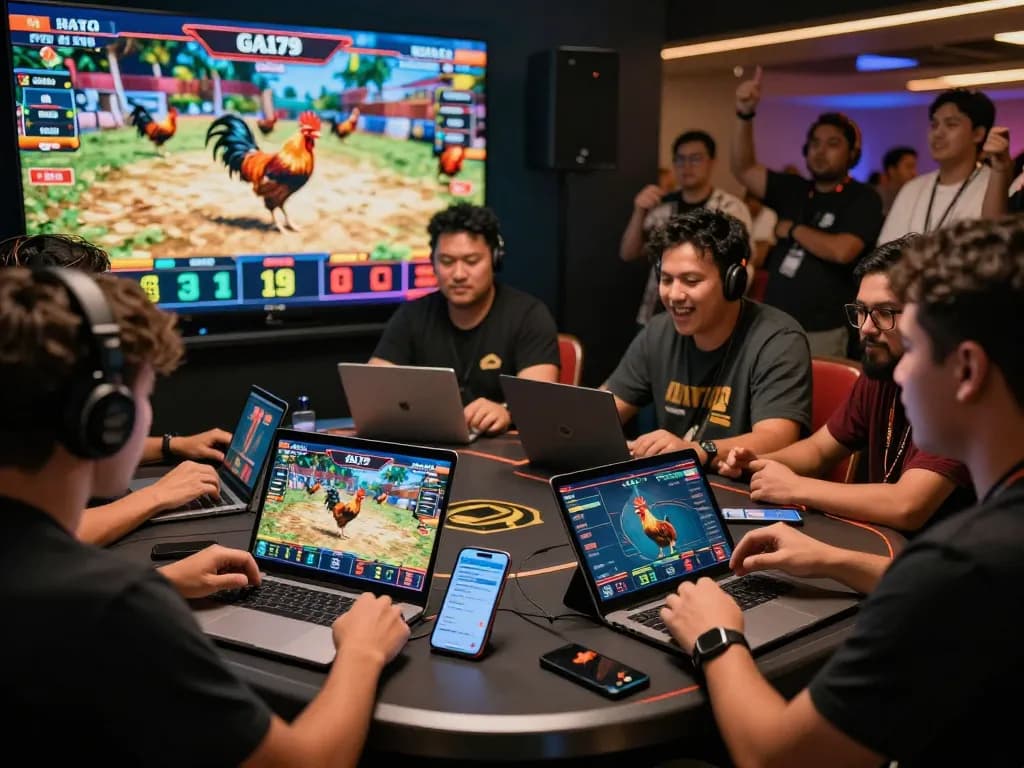 Exciting online gaming scene at https://ga179i.com/ with players engaging in live betting on cockfighting matches.