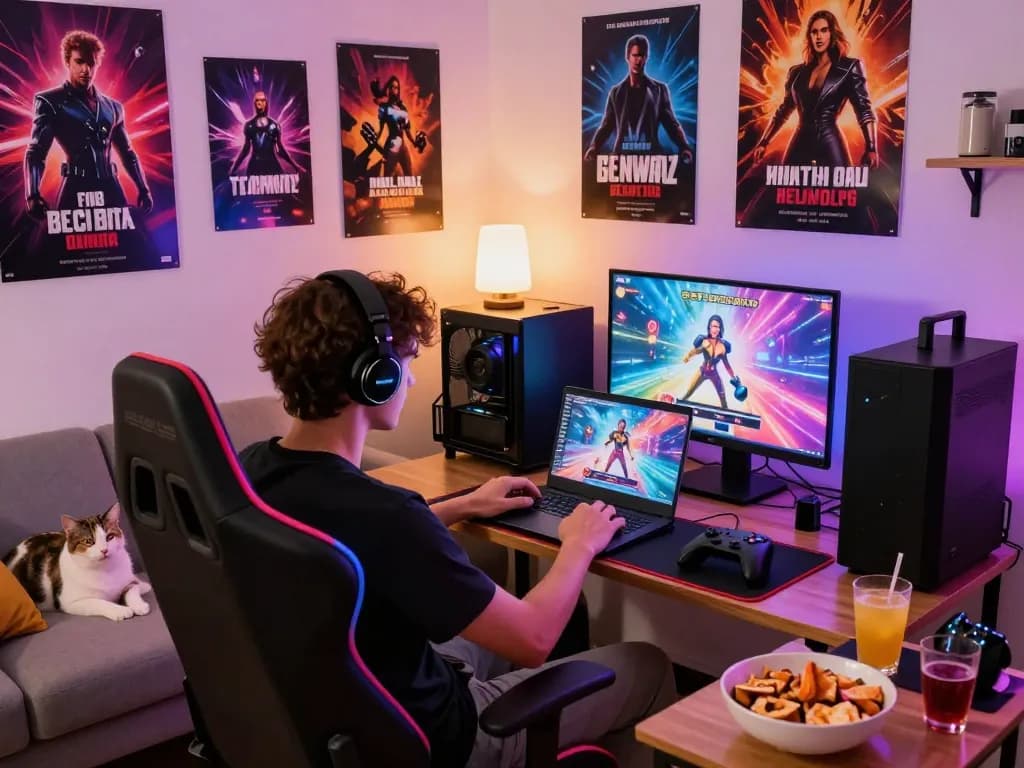 Engaging scene of an individual playing porngames at home, showcasing vibrant gaming setup.