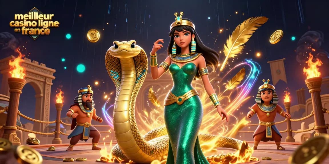 Explorez la scène vibrante du meilleur casino en ligne France avec une femme éblouissante en vert et un cobra doré.