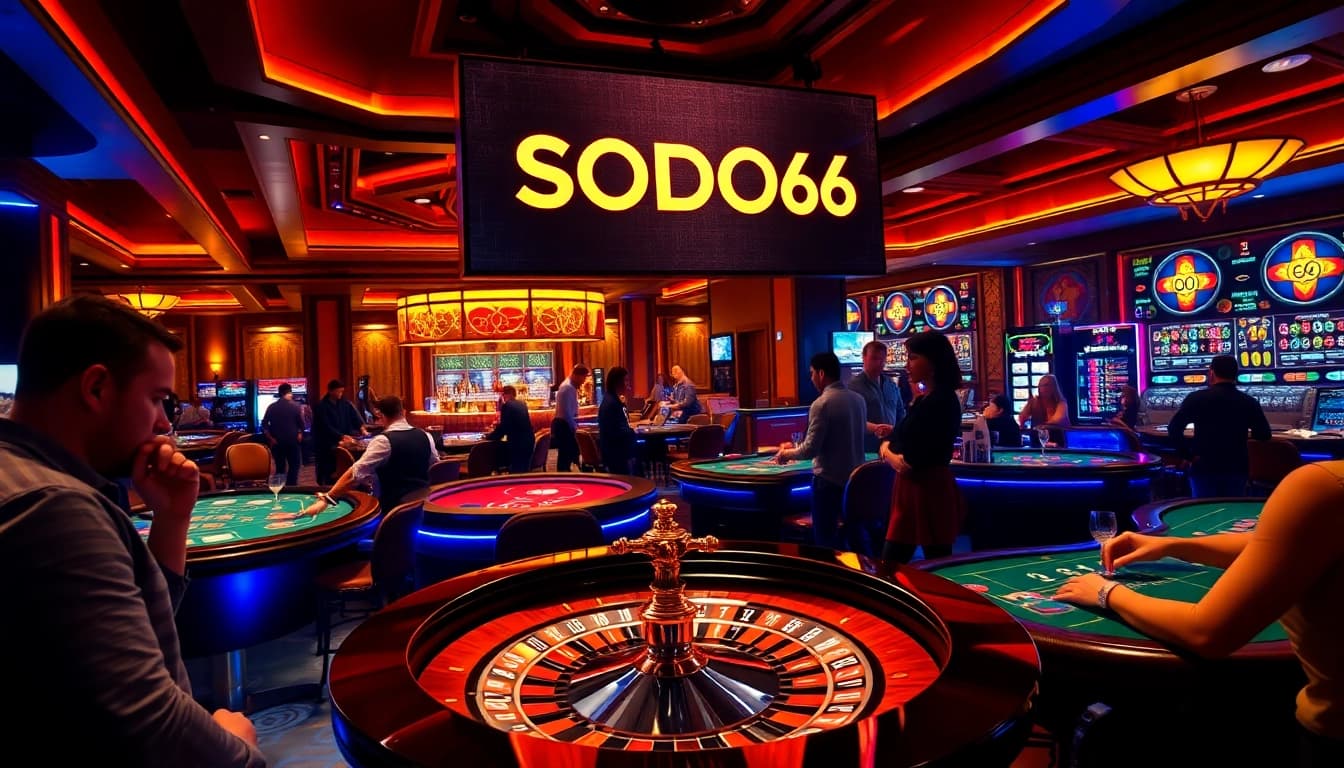SODO66 casino players enjoying high stakes games with vibrant roulette and poker tables