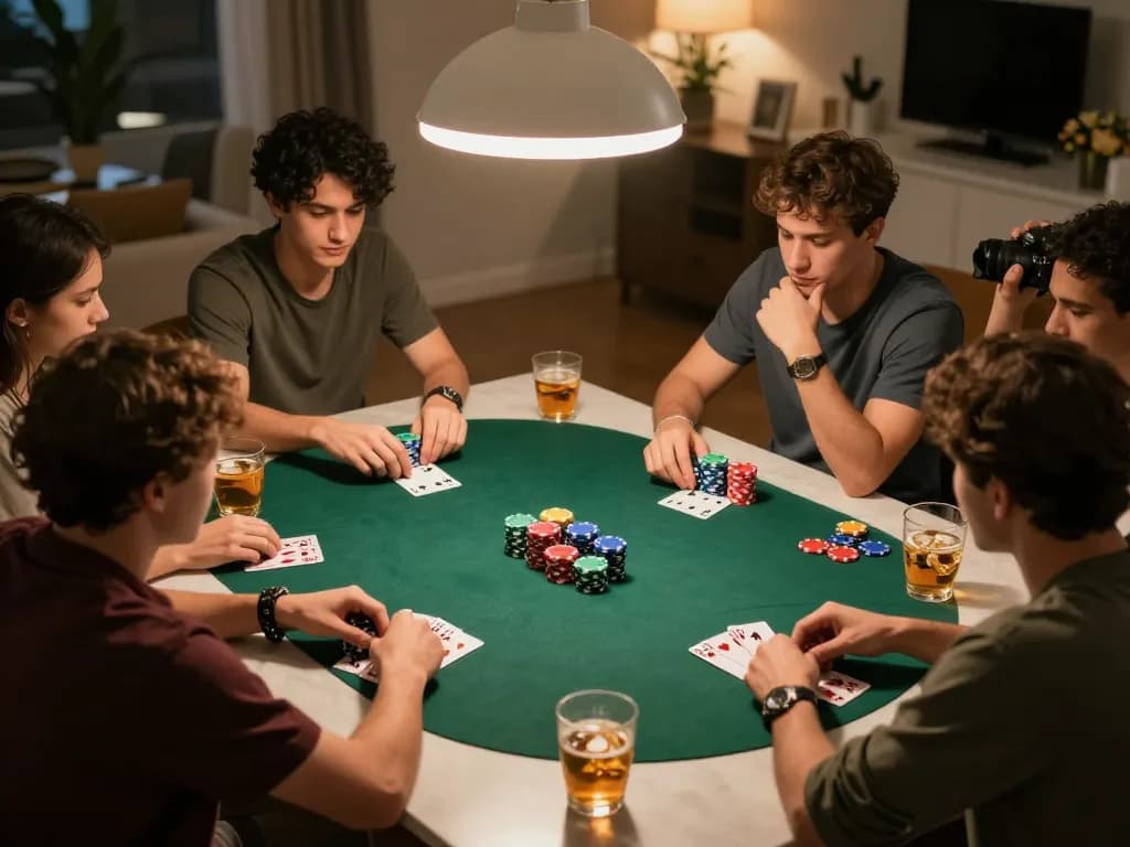 Players engaged in a thrilling poker night at home, showcasing strategic gameplay and social connection, emphasizing slot online opportunities