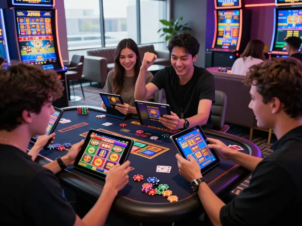 Players enjoying AF88 game on digital devices in a vibrant casino atmosphere.