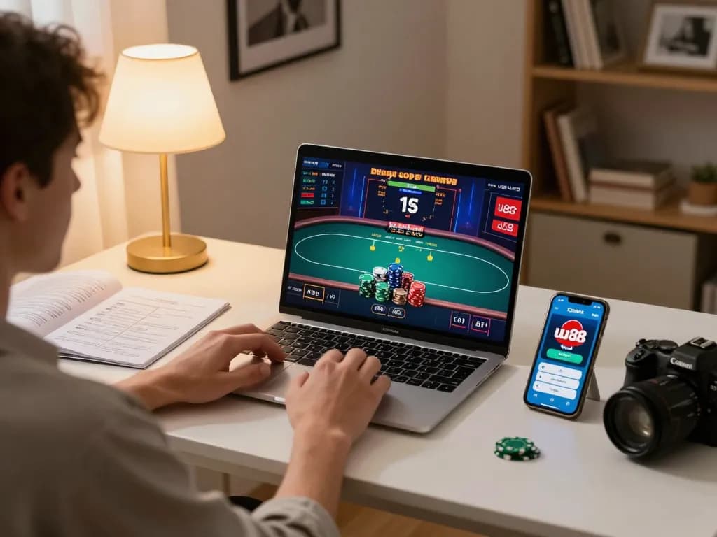 Enjoying online poker on uu88 with strategy notes and casino app at a cozy home desk.
