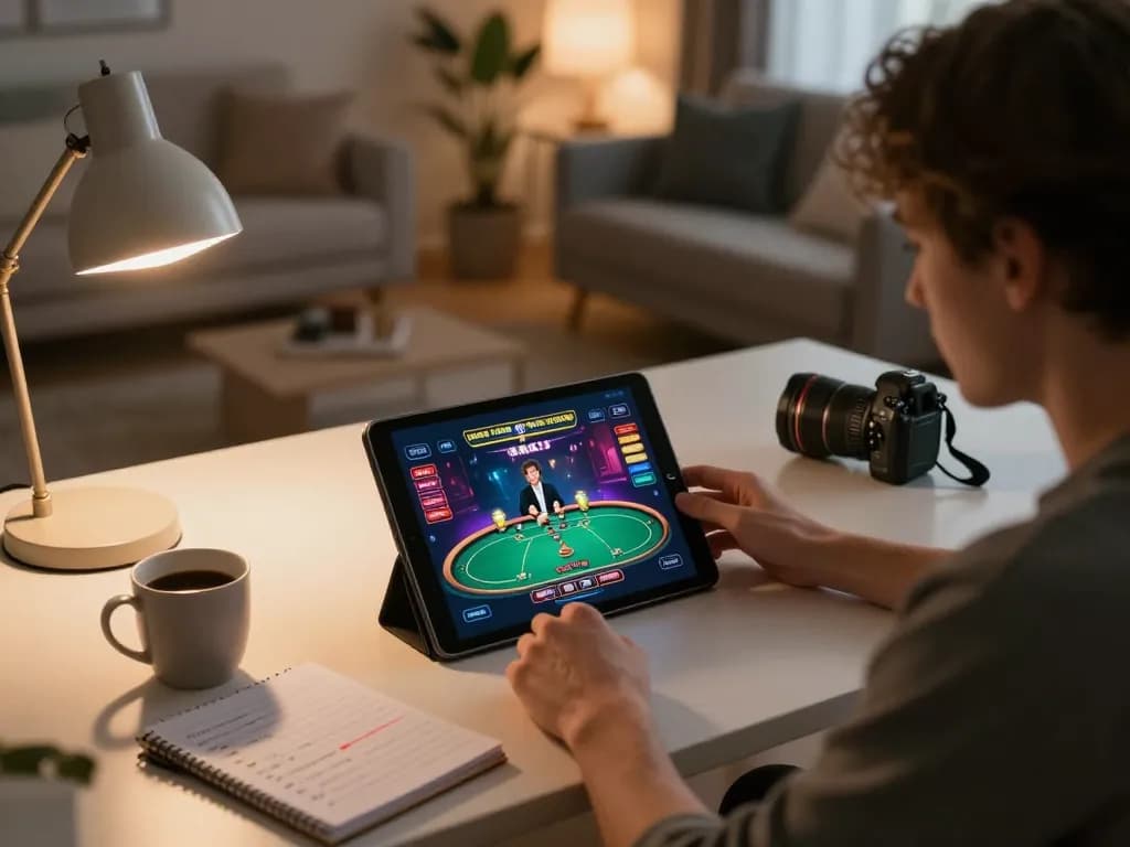 Playing poker online at https://www.dacsandatphanrang.com/ shows a gamer engaged with tablet and strategy notes in cozy atmosphere