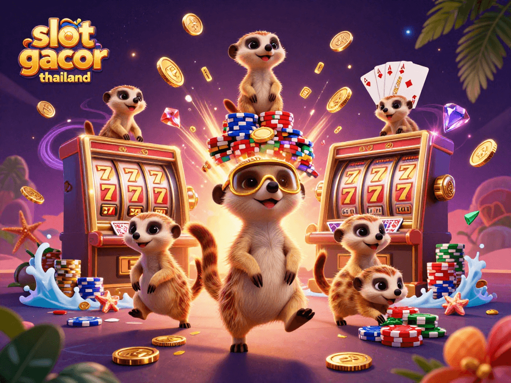 Engage with slot gacor thailand in this vibrant casino scene featuring meerkats and cascading treasures.