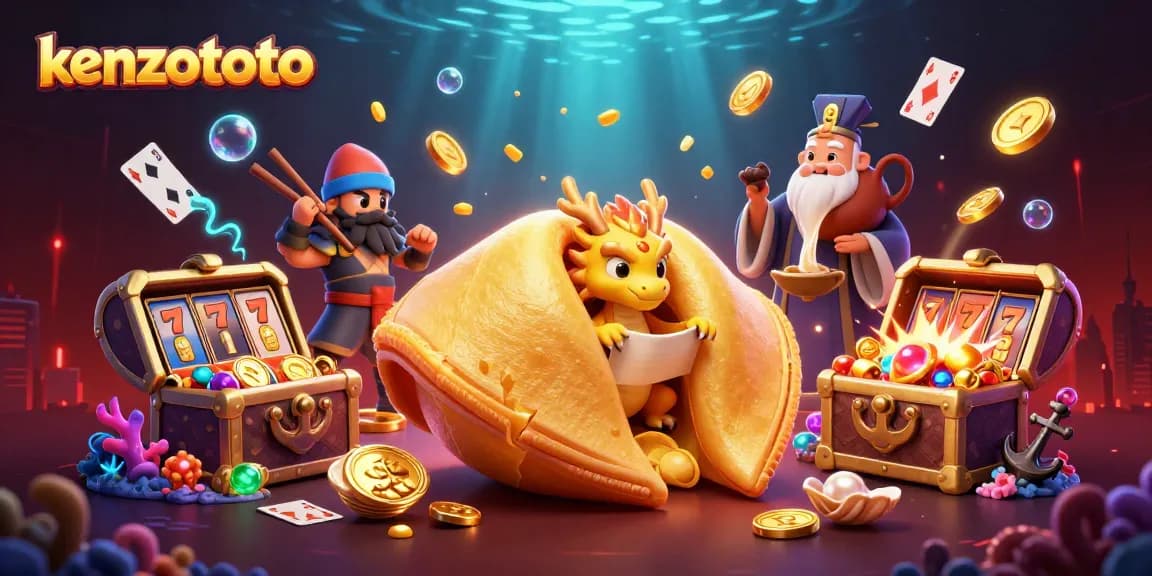 Experience the thrill of kenzototo with vibrant slot reels and fortune cookie characters in a captivating scene.