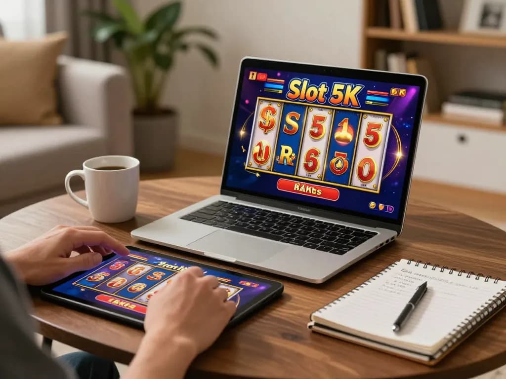 Player enjoying slot 5k game online at home, showcasing strategic bankroll management.