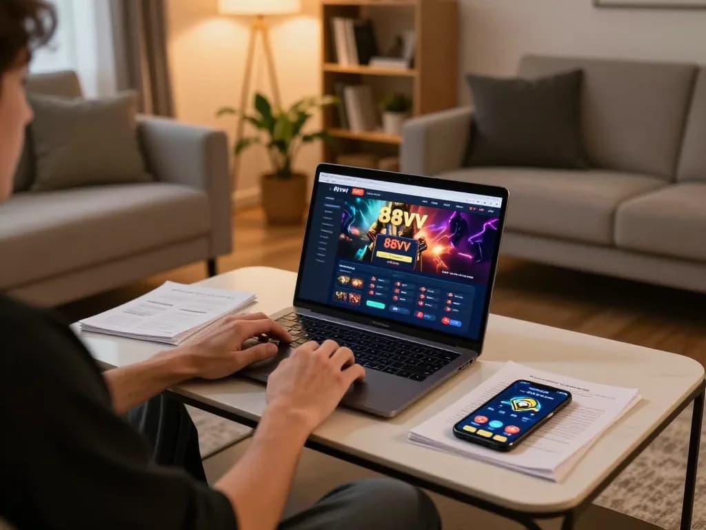 Player enjoying an online game on 88vv's platform in a cozy home setup with strategic notes visible.
