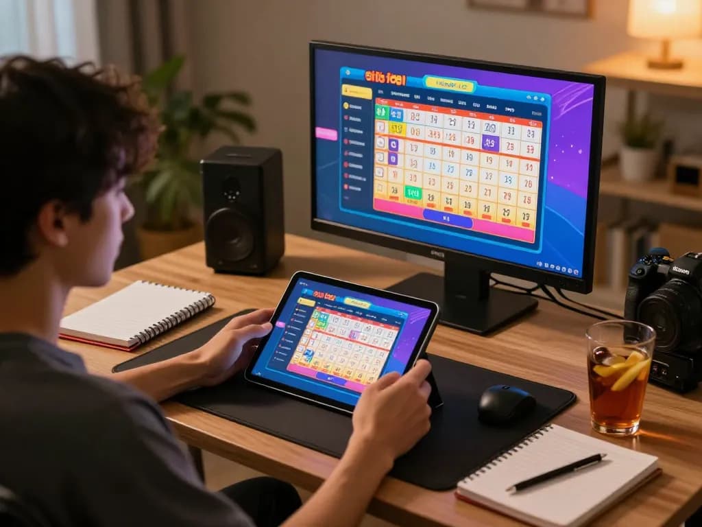 Sesi permainan situs togel online dengan pengguna yang terlibat di tablet, menampilkan antarmuka taruhan dan catatan strategi.