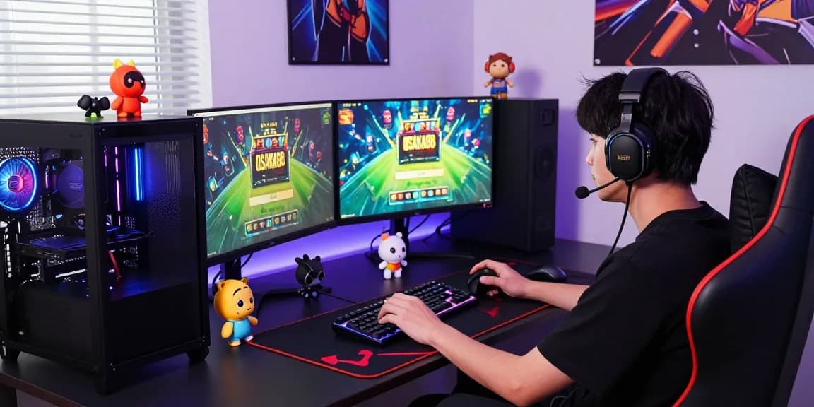 Exciting gaming scene showing OSAKA88 login with player at a high-end desk.