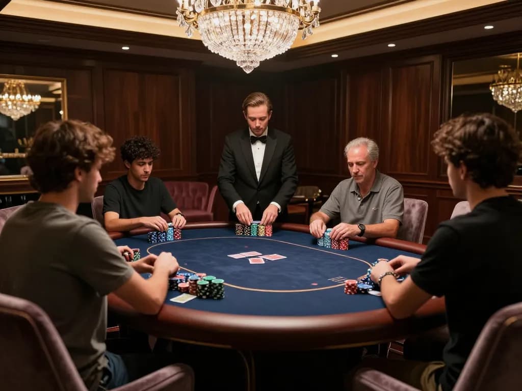 Players strategizing with 789 chips at an exclusive poker table in an upscale casino atmosphere