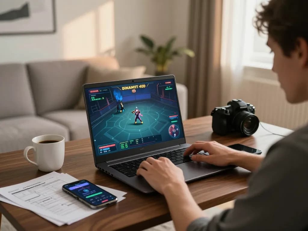 Player engaged in dinamit4d online gaming, showcasing a laptop setup with betting strategy notes for better odds