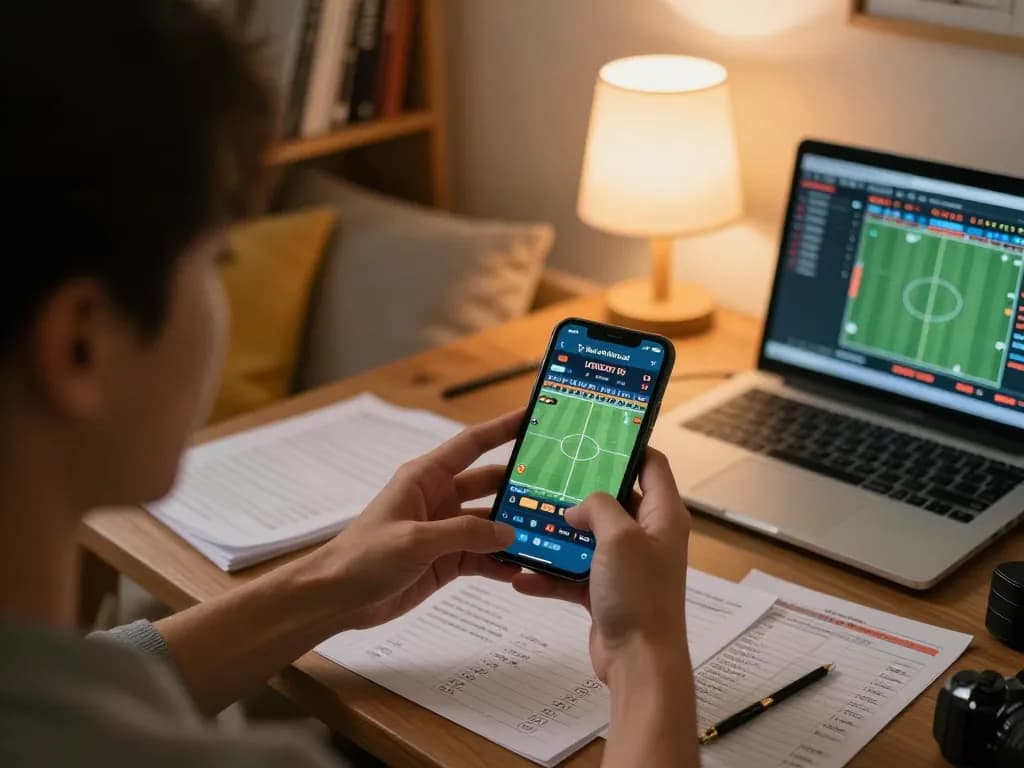 Focusing on Ty le keo nha cai with smartphone during sports betting session at home.