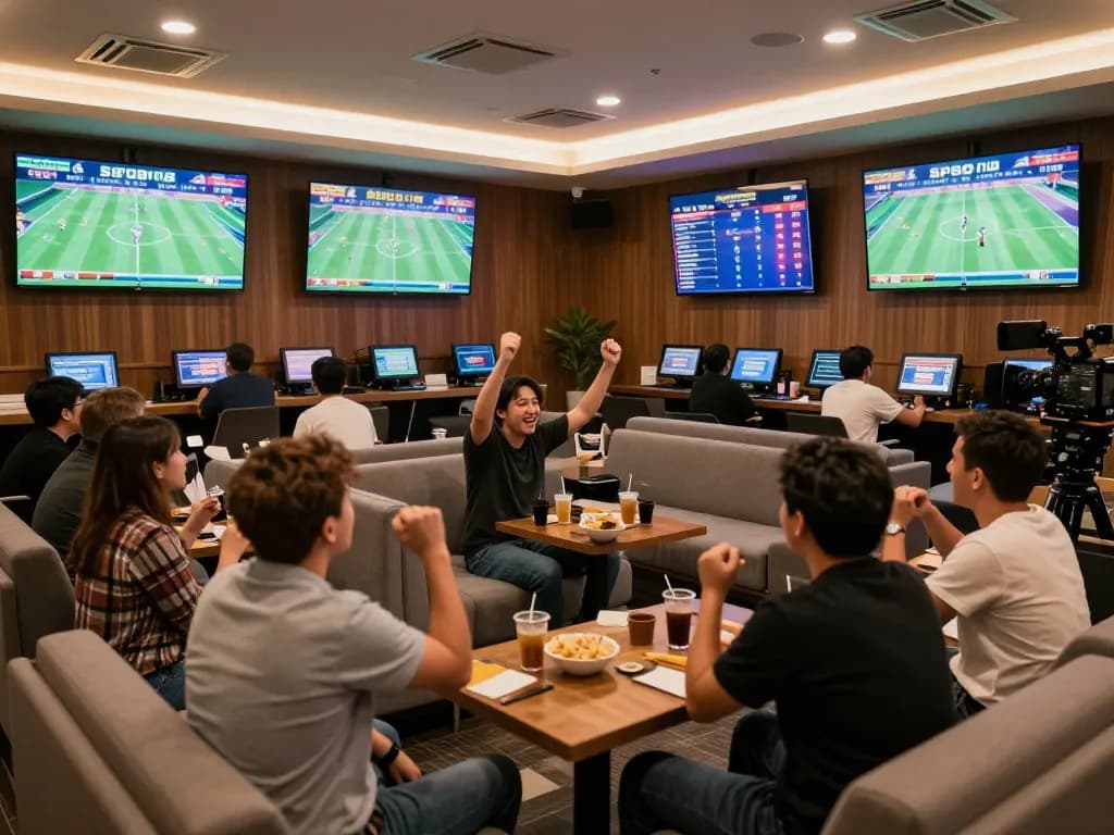 Para penggemar merayakan kemenangan taruhan olahraga dengan skor SPBO 1 secara real-time di lounge yang meriah.