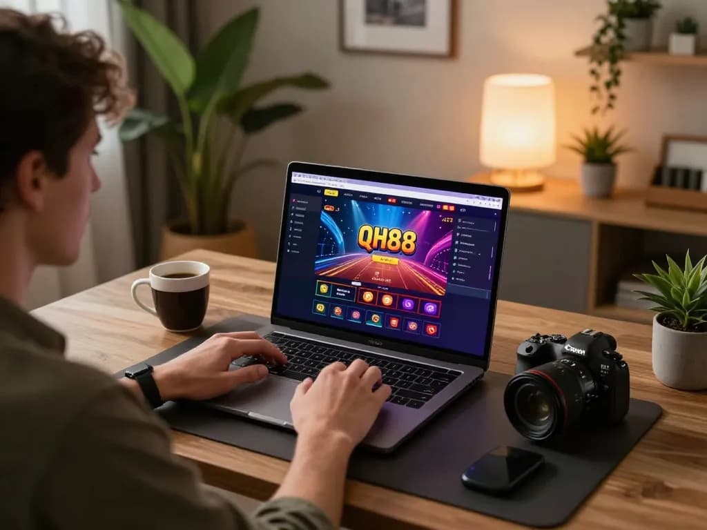 Engaged player using QH88 online platform in cozy home office setting for responsible gambling.