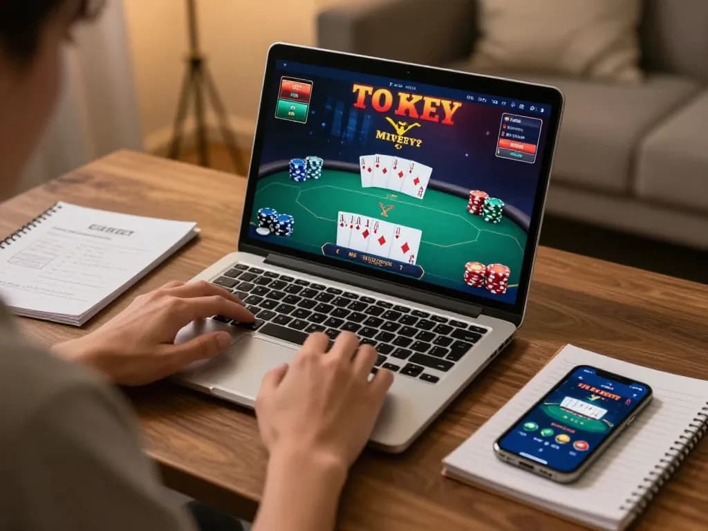 Engaging in uu88 bet strategy at a cozy online gaming station with poker on the screen