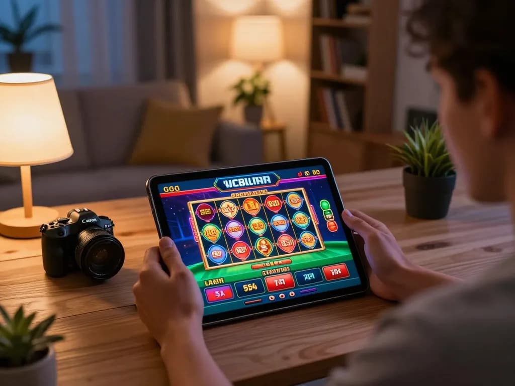Person exploring the wildsultan casino app on a tablet, enjoying a lively online gaming experience at home.