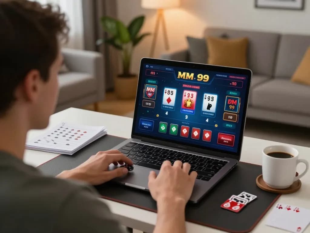 Player engaging in MM 99 poker game on tablet, home desk setting with strategy notes