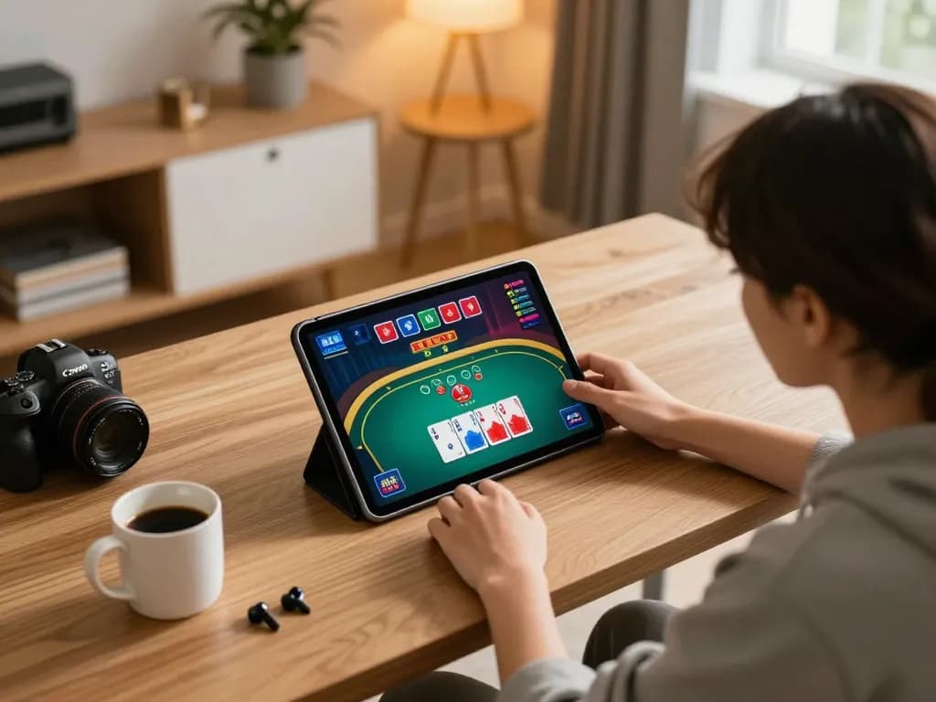 MMOO player enjoying a poker game online, focused on tablet in a stylish home office setting.