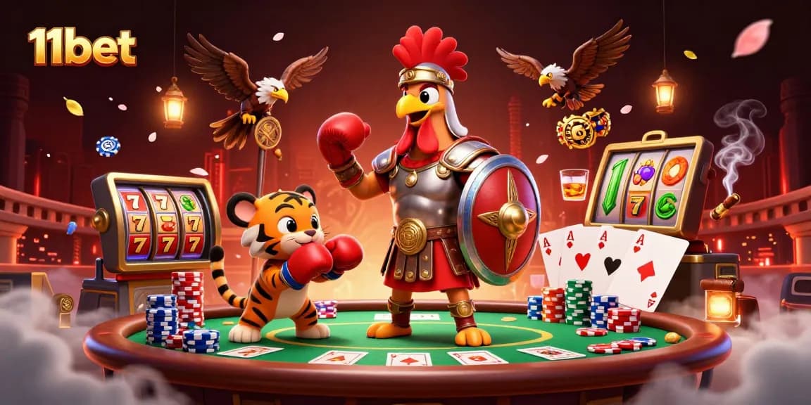 11bet casino promotion featuring a 3D rooster gladiator in an arena surrounded by poker and slot elements