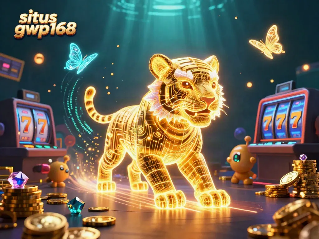 Menangkan jackpot dengan situs gwp168, menunjukkan harimau emas neon dan simbol slot di lanskap kasino digital.