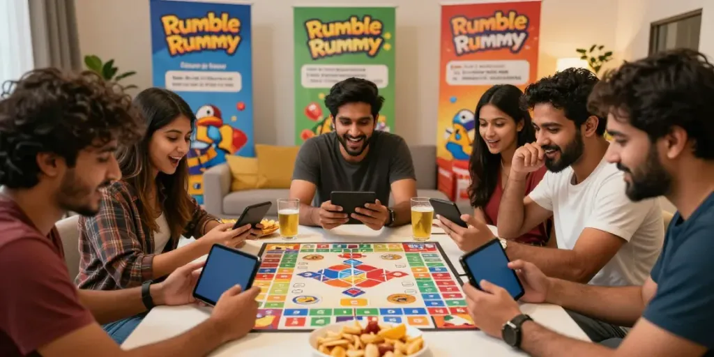 Friends enjoying the Rumble Rummy app in a cozy living room, emphasizing fun mobile gaming.
