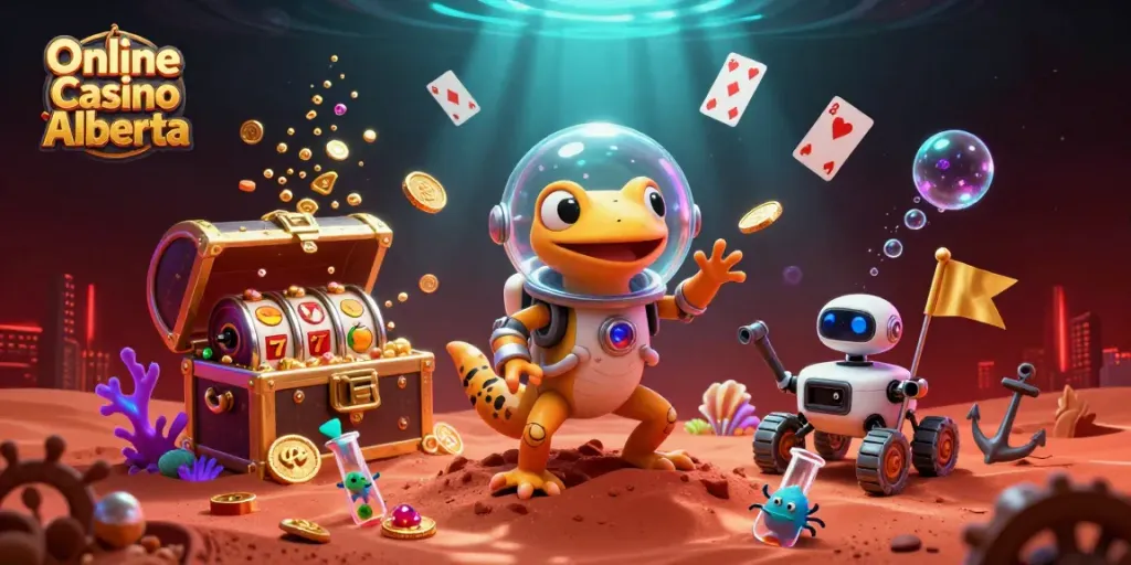 Experience thrilling gameplay with Online Casino Alberta featuring vibrant illustrations of a Martian gecko and casino treasures.