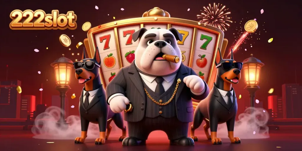 Ikon 222slot dengan karakter kasino yang menarik dan simbol peruntungan, siap memikat pemain.