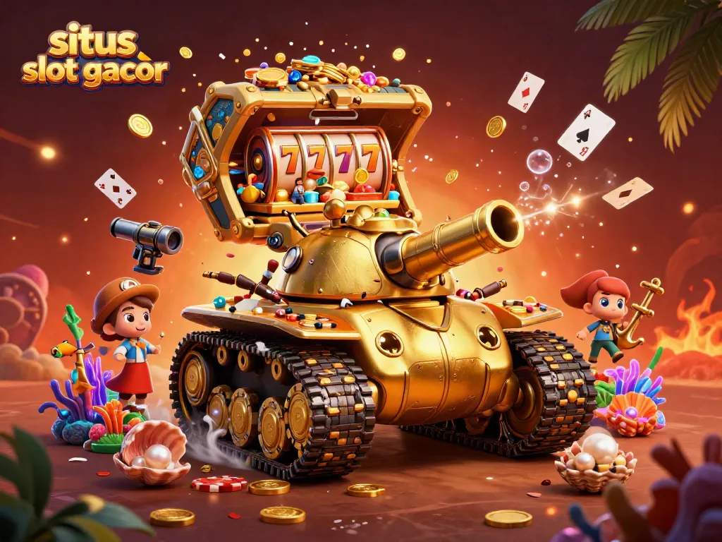 Mengguncang situs slot gacor dengan tank kumbang emas masif yang menampilkan kasino mini di dalamnya, penuh harta karun seperti koin dan permata berwarna-warni.