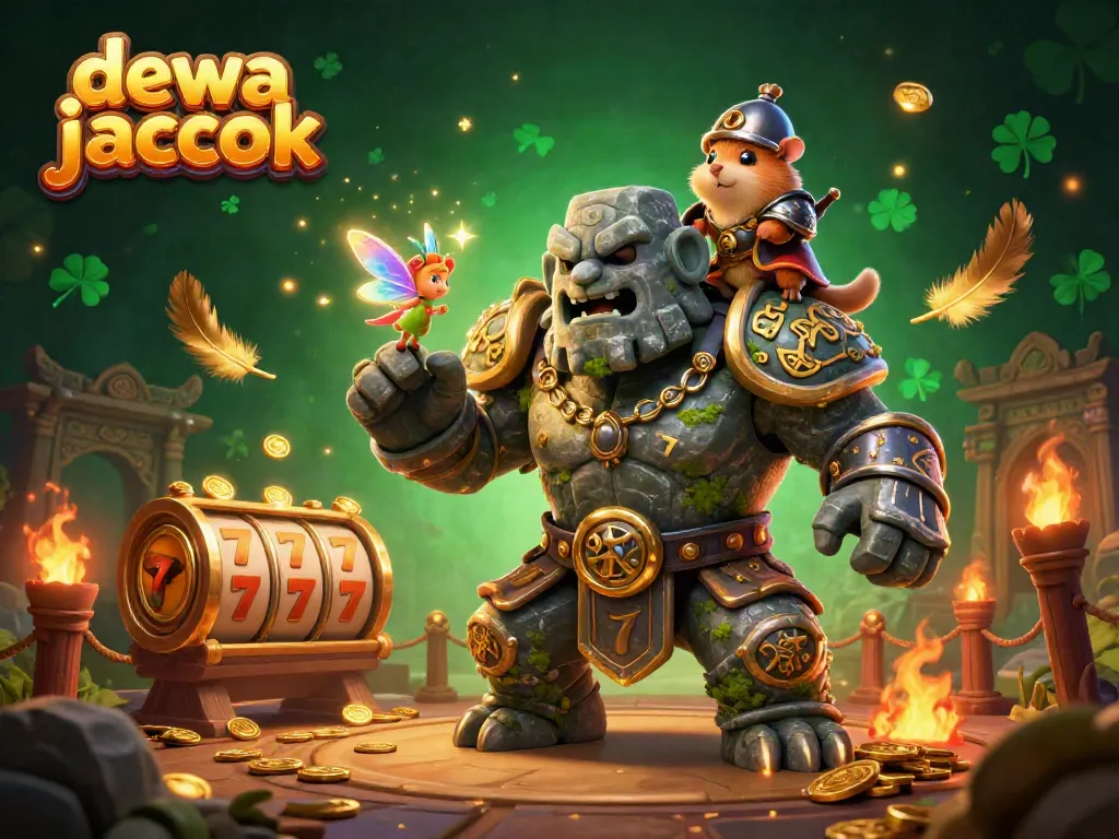 Slot jackpot dewa jackpot dikelilingi karakter fantastis dan elemen permainan yang berkilau.