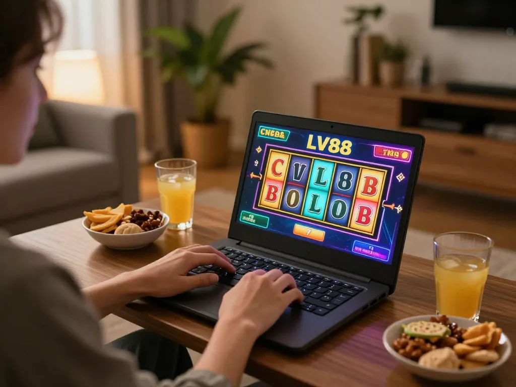 Engaging LV88 online gaming session with colorful slot reels and cozy home atmosphere
