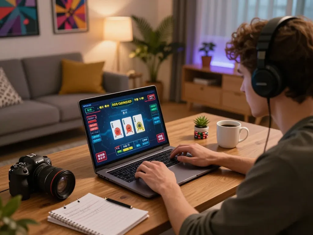 Playing at non gamstop casinos on a sleek laptop in a cozy modern living room setup