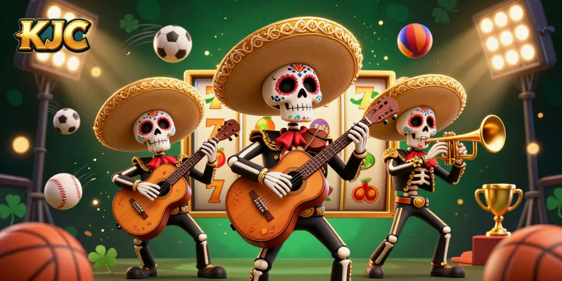 KJC captivates with a vibrant 3D scene featuring mariachi band skeletons and dynamic casino elements.